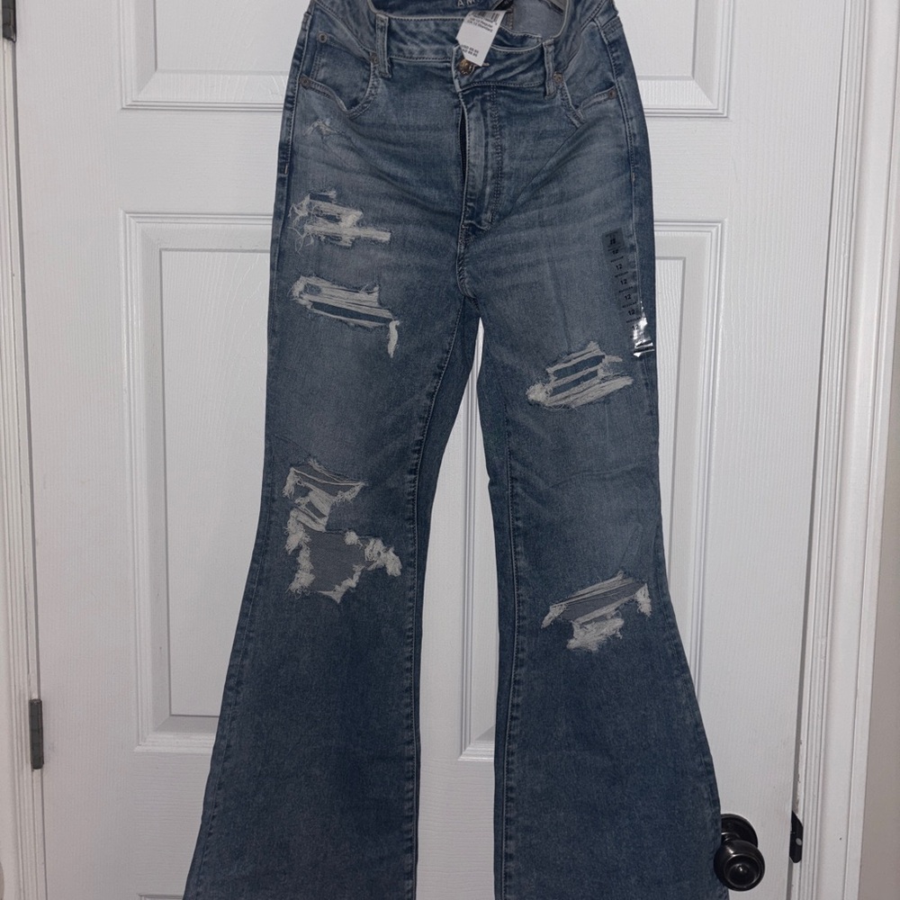 American Eagle Outfitters Distressed Flare Jeans - Blue